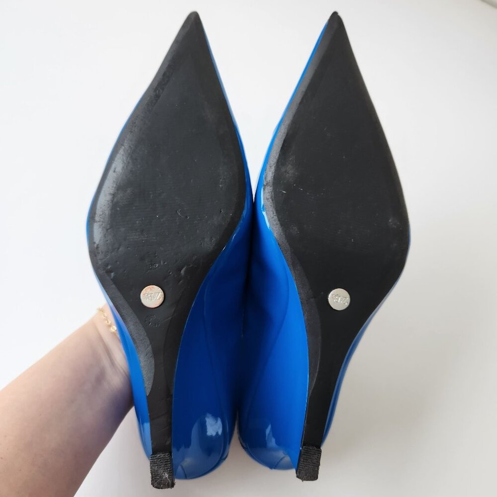 Zara Blue Patent Leather Pointed Toe Kitten Heel Wedge Slingback Shoes Size 38 - Picture 9 of 16